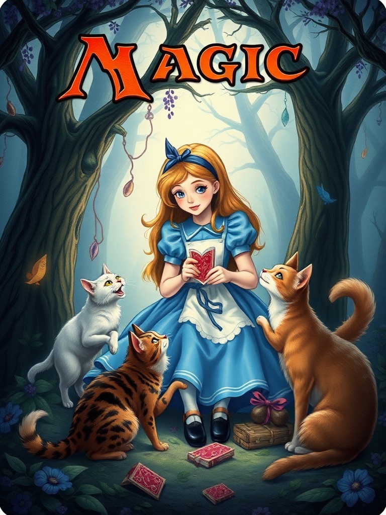 A young girl in a blue dress holding a red heart card, surrounded by three curious cats in a mystical forest with the word 'MAGIC' written above.