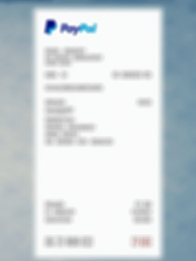 Blurred image of a PayPal payment receipt. It shows a $47 transaction to jahigh93@yahoo.com. Includes PayPal logo and transaction details. Designed for online payment representation.