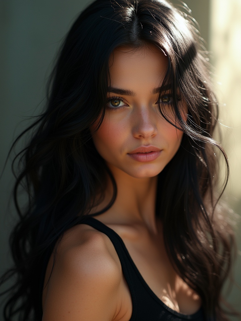 Masterpiece photography captured a stunning girl with long iridescent black hair and a black tank top. Sunlight passes through her hair creating an abstract high contrast background.