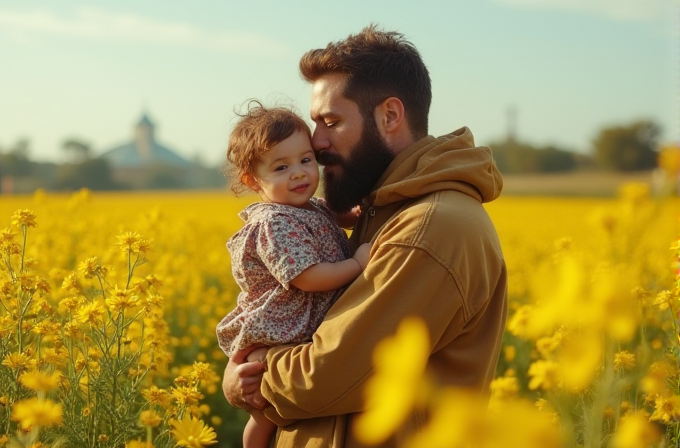 A man holds a young child in a field of vibrant yellow flowers.