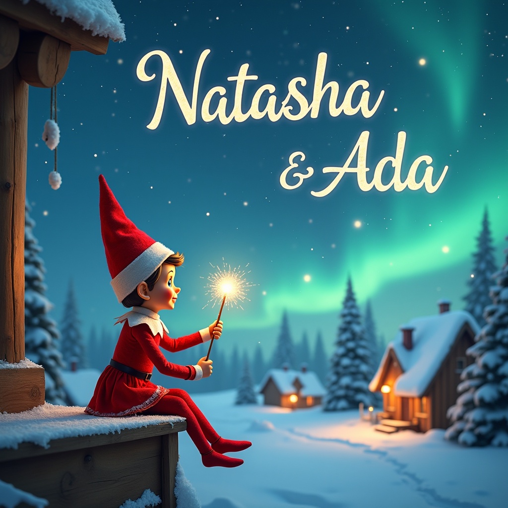 An elf sits on a wooden ledge with its back to the camera, gazing at a magical sky. The elf, dressed in a red outfit with a pointed hat, holds a sparkling wand. With the wand, the elf elegantly writes the names 'Natasha' and 'Ada' in the starry sky. The background features a snowy landscape with charming little houses and evergreen trees under the shimmering Northern Lights. This whimsical scene captures the essence of childhood magic and Christmas cheer.