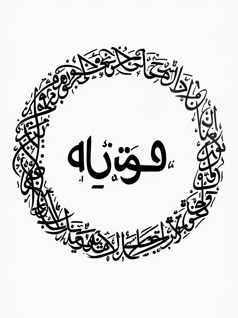 Handwritten Arabic calligraphy in a circular shape. The name الإسلامية is included. Design fills the area completely. Arabic word 'مُؤَتِيَّة' is central.