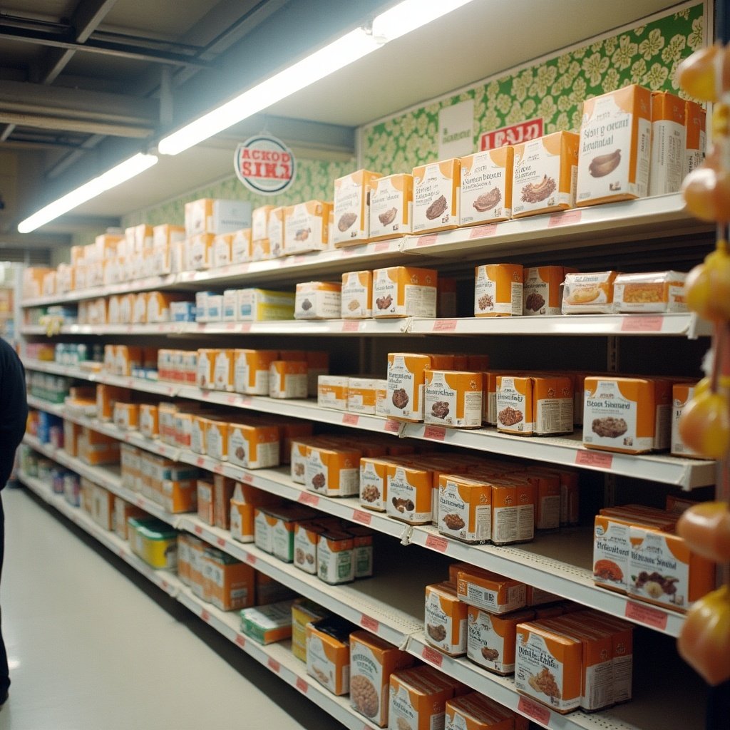 A grocery store aisle filled with various food products on shelves. Brightly lit with a focus on packaging. Shopper visible on the left side.