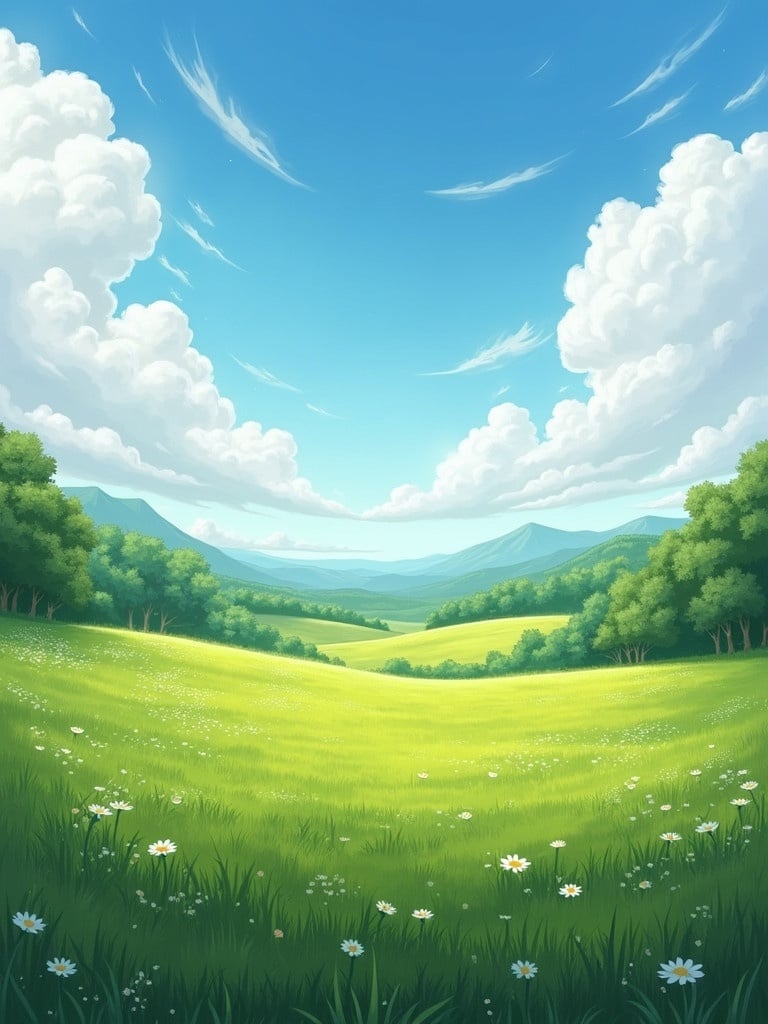 Bright sunny day in a large meadow with green grass and white flowers. Blue sky with fluffy clouds. Rolling hills in the background. Lush greenery throughout the scene.