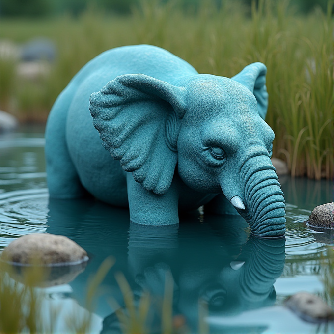 A blue elephant is standing in a calm body of water surrounded by grass.