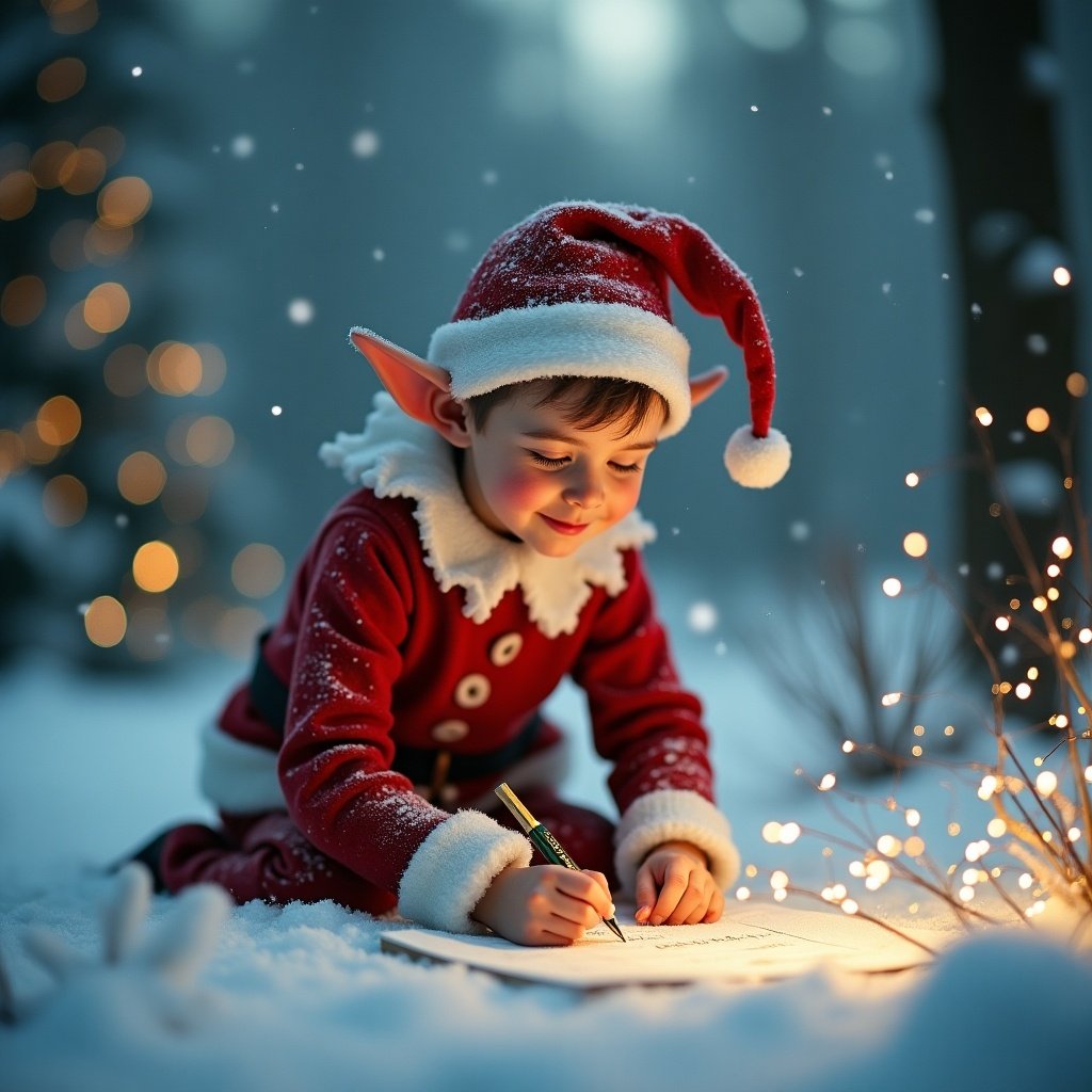 A charming Christmas elf is kneeling in a snowy landscape, writing names with a golden pen on a piece of paper. The elf, dressed in a vibrant red outfit with white trimmings, exudes joy and excitement. Behind him, a beautifully decorated Christmas tree glows softly in the background. Sparkling lights around him add a magical touch to this winter wonderland scene. This image captures the warmth and cheer of the holiday season, perfect for conveying festive joy and creativity.