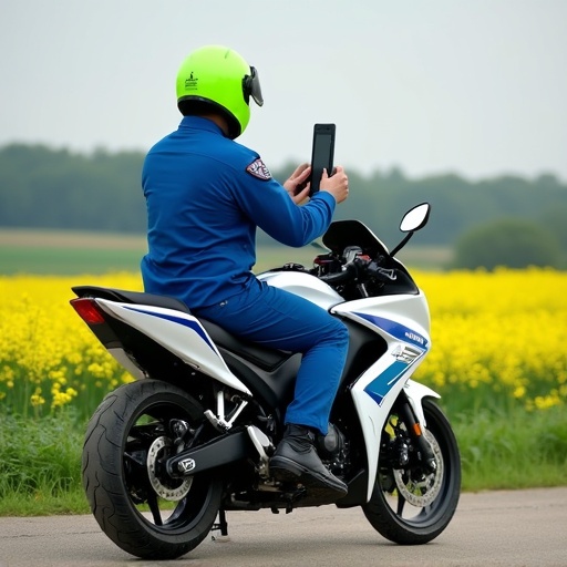 A police officer wears a blue onesie and a bright green helmet. The officer is on a white Yamaha motorcycle with a blue stripe. The officer takes a photo of a flower field. The scene features a rural background with yellow flowers. The view is from the back of the officer.