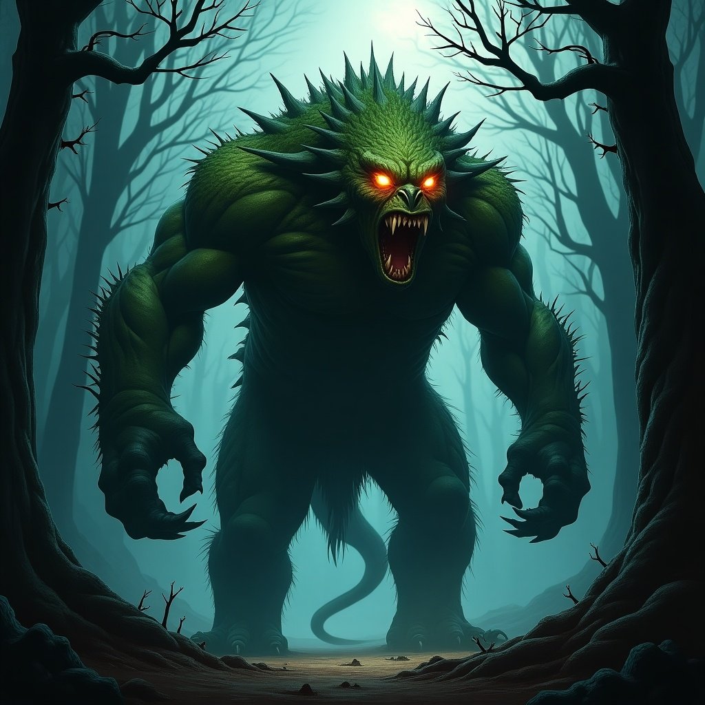 A large, menacing monster is depicted in a dark, foggy forest. The creature is green, muscular, and has spiky features. Its eyes glow red, and it appears to be roaring. The background contains eerie trees shrouded in mist.