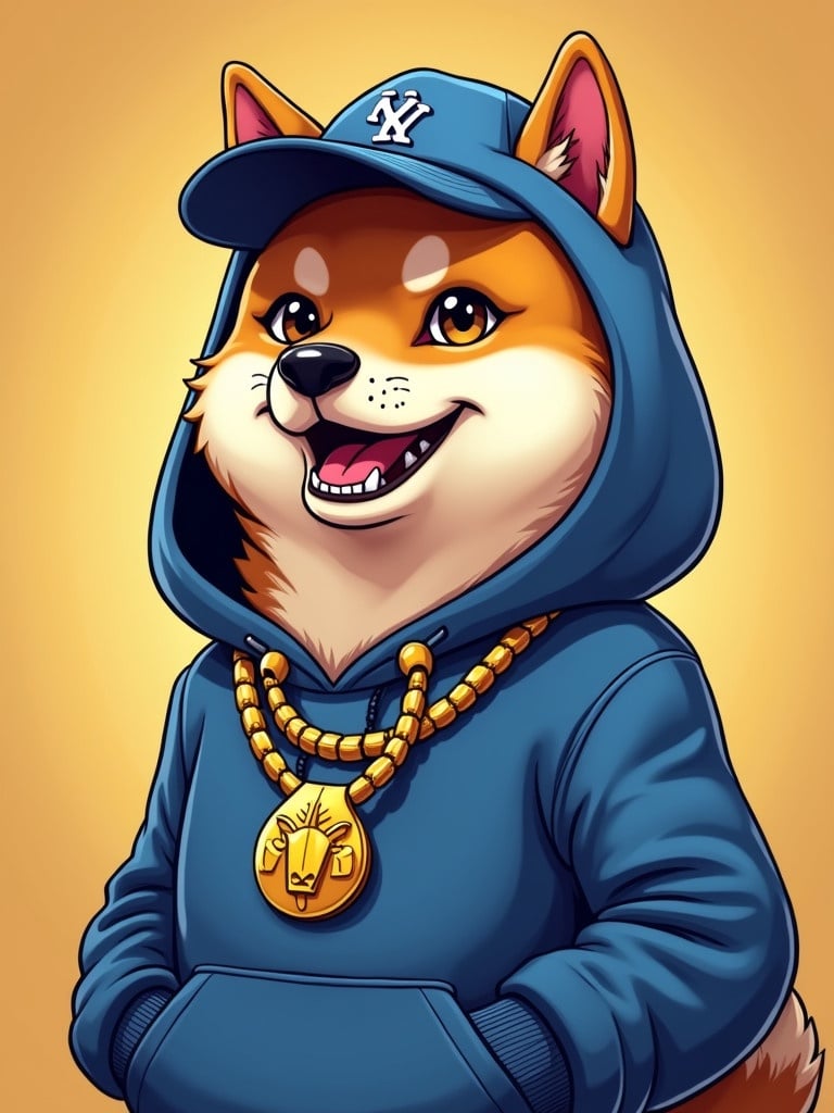 Generate NFT of animated cartoon of luxurious Shiba dog wearing blue hoodie and hip hop cap with golden teeth and chains.