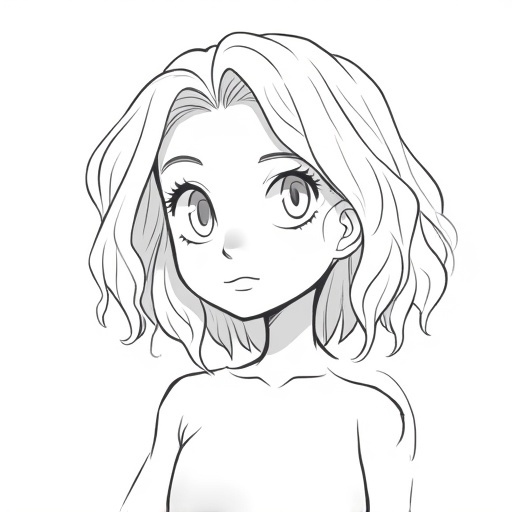 Black and white line drawing of a character with medium-length wavy hair. Character has a slender neck and shoulders. The drawing style is detailed and expressive. Captures texture and flow of hair.