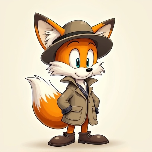 Cartoon fox character wearing a trench coat and a pith helmet. No background.