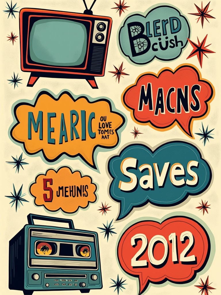 Collage features retro pop art style with playful typography. Includes speech bubbles and vintage icons like TV, cassette tape, and radio. Decorative stars add visual interest. Design is colorful and lively.