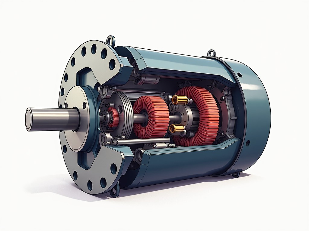 This image showcases a detailed cutaway view of an electric motor. It highlights the internal components, including coils and magnets, which are essential for its operation. The motor is painted in a combination of blue and gray, with red coils that draw attention. This illustration is designed to aid in understanding the mechanics behind electric motors. The bright lighting accentuates the precision in the design, making it suitable for educational purposes or engineering presentations.