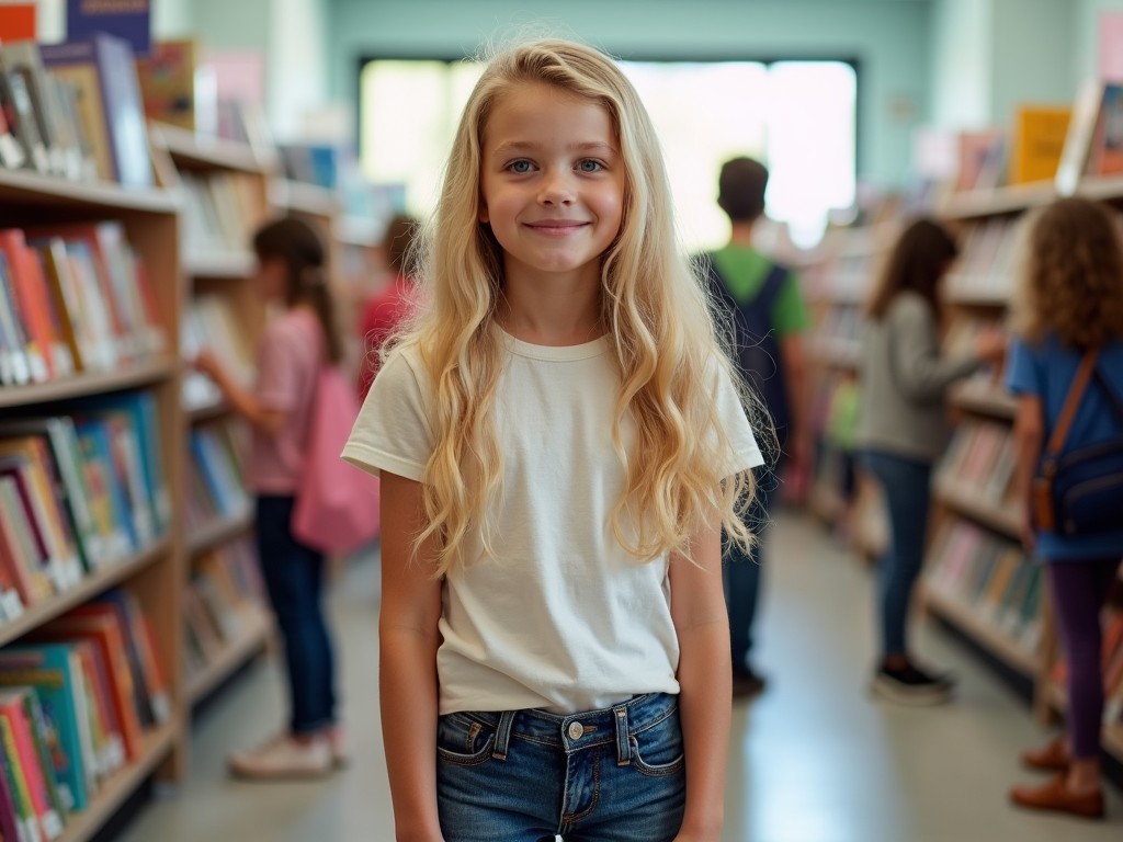 a young girl smiling in a library or bookstore, surrounded by books, with a soft light