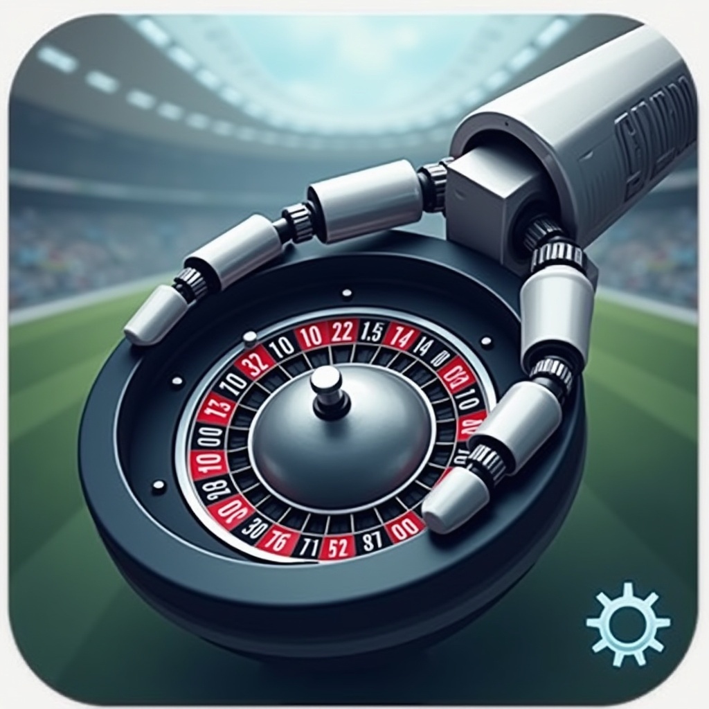 Icon features a robot arm gripping a spinning roulette wheel. Sports ball partially visible in the wheel's center. Arm has metallic silver highlights at joints. Background has blurred sports venues to suggest betting. Overall tone is serious and efficient. A faint gear icon is included in the background.