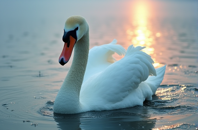 A graceful swan glides across a tranquil lake during a golden sunset, with ripples softly trailing behind it.