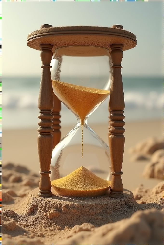 An hourglass with golden sand stands on a sandy beach with the ocean in the background.