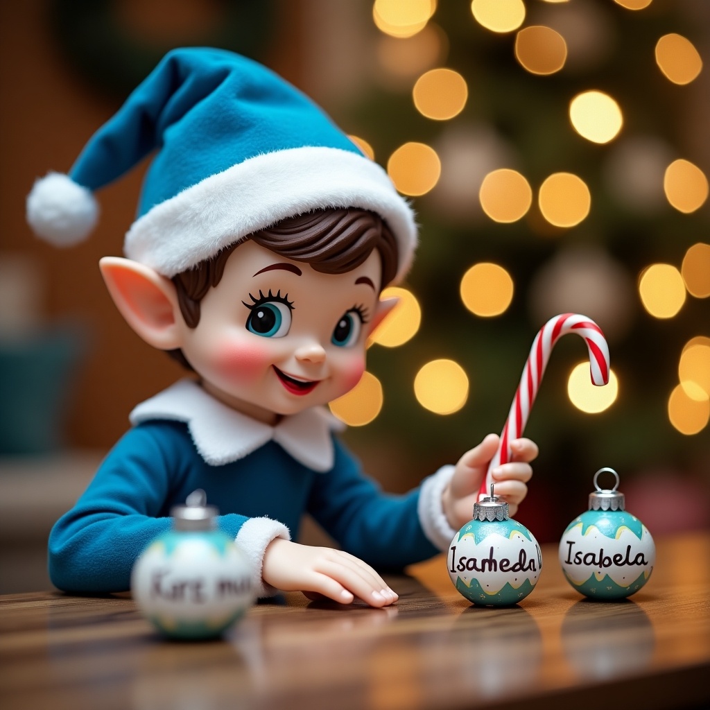 A charming Christmas elf dressed in cheerful blue attire, complete with a hat, is focused on writing names on decorative baubles. The elf has a playful expression and is sitting at a wooden table surrounded by holiday decorations. The background features a softly lit Christmas tree adorned with twinkling lights. The elf holds a red and white candy cane, adding to the festive atmosphere. This scene evokes a sense of holiday cheer and delightful anticipation. The name being written includes 'Isabella,' emphasizing a personal touch for the festive season.