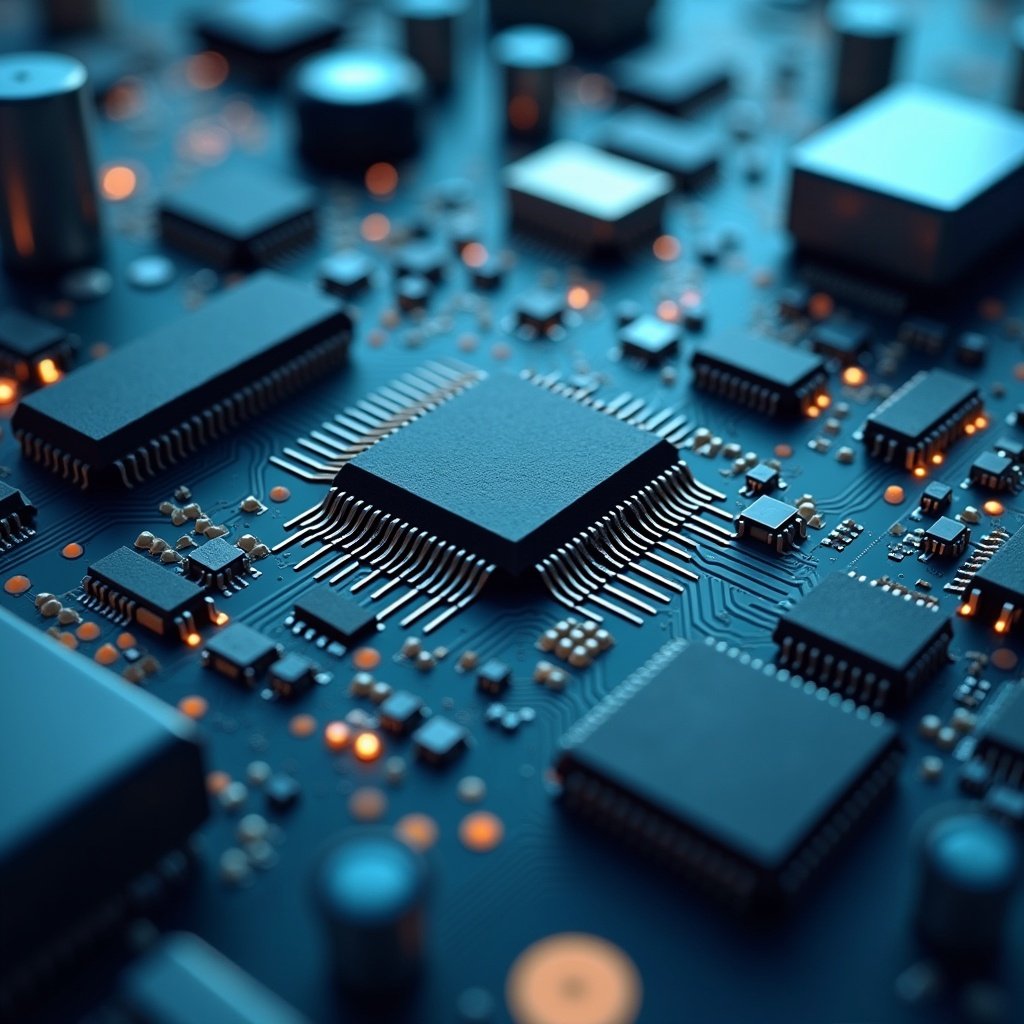 Illustration shows a close-up view of an electronic circuit board with microchips and various components. Details of microchips and soldering are visible. The background has an illuminated effect with blue and orange colors.