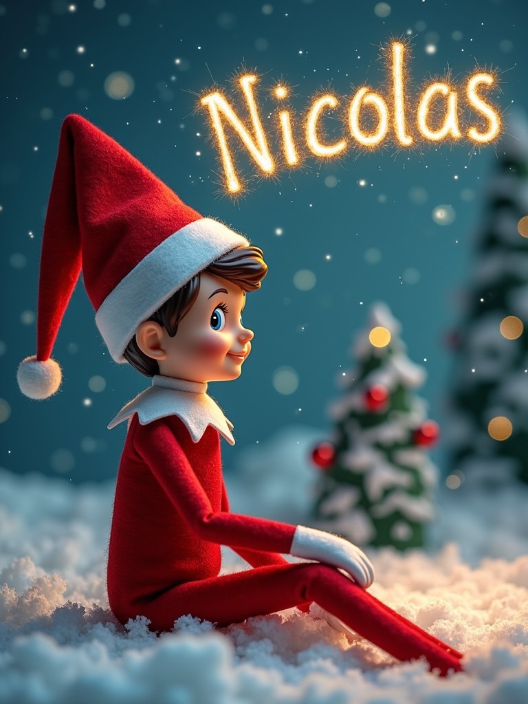 A festive image featuring a boy Elf sitting amidst snow at the North Pole. The scene includes colorful Christmas trees in the background. The name Nicolas appears written in sparkles in the sky. The elf has short brown hair and cheerful expression.