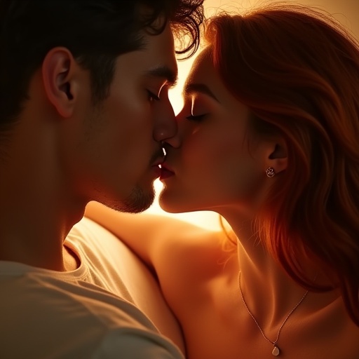 Couple leaning in for a kiss. They are close together. Warm light illuminates their faces. The scene is intimate and touching. Emotion conveyed is love and connection. Close-up of a romantic moment. Focus on the intimate kiss. Soft golden lighting creates a warm atmosphere. The couple displays affection with soft touches and gazes. She has red hair.