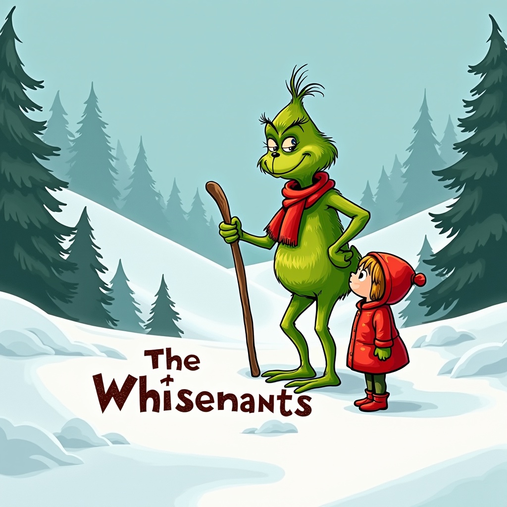 Grinch writing 'The Whisenants' in snow with a stick. Snow-covered hills and evergreen trees are in background. Grinch is green with red scarf. Child in red coat stands beside Grinch.