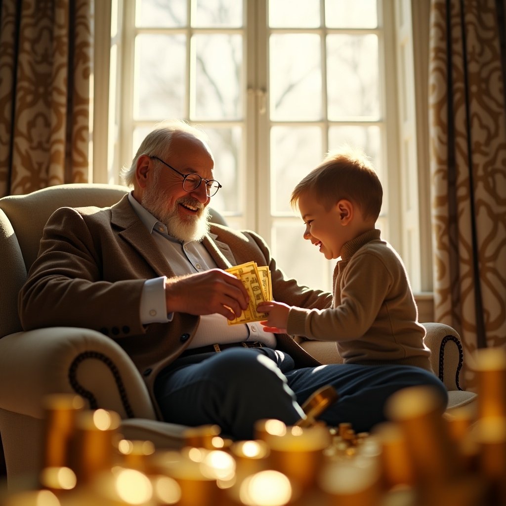 An old man gives money to a young child in a cozy setting. A warm atmosphere is created by golden-colored decor and natural light. This scene captures a moment of financial wisdom being shared. The child appears eager and curious about the money. The background is a beautifully designed room full of light.