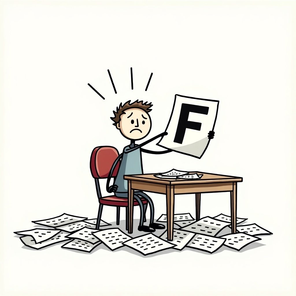 Stickman sitting at a table surrounded by papers. Stickman holds up a paper with an 'F' grade. Scene depicts failure in an exam context. The background is simple and uncluttered.