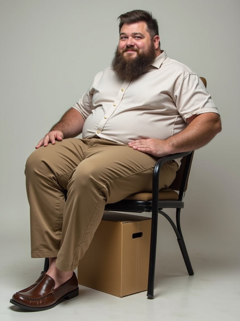 A large man sits on a chair with legs resting on a cardboard box. The man is casual looking and relaxed.