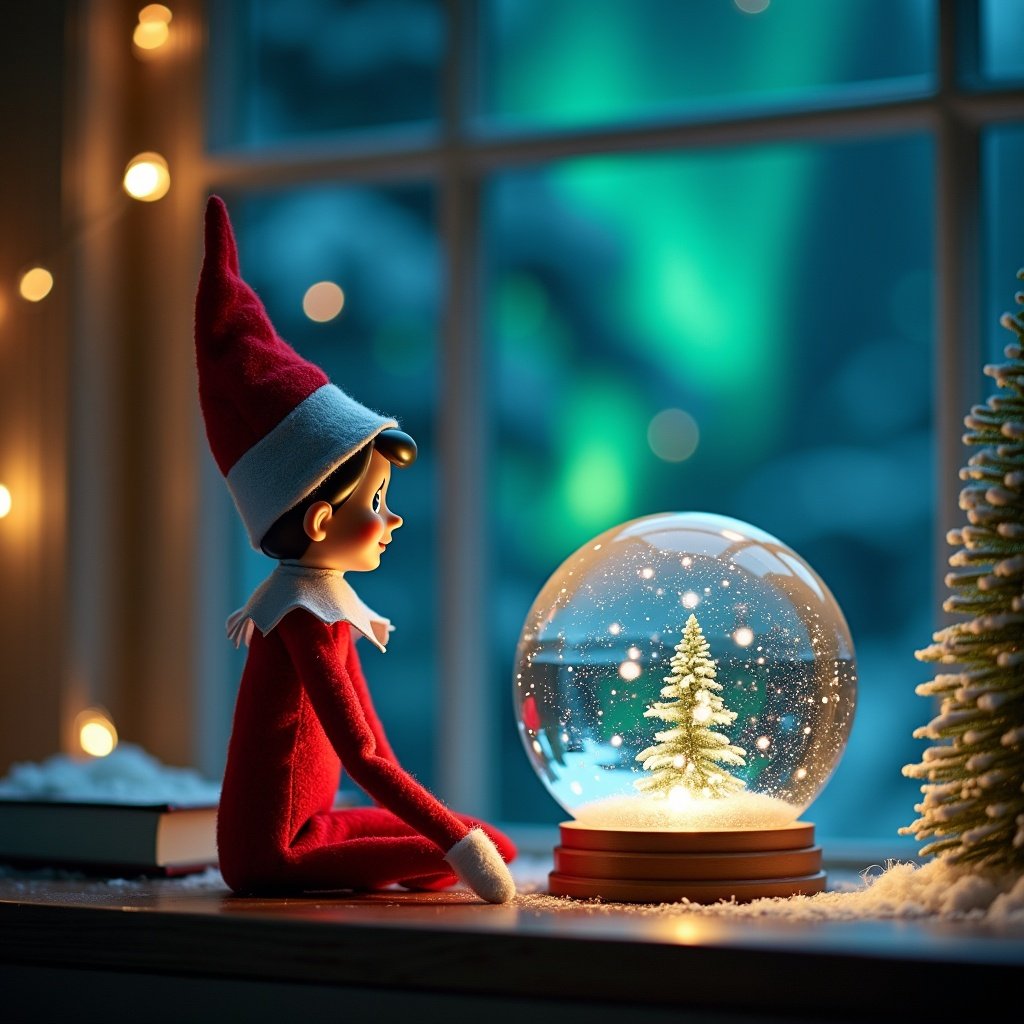 Elf on the shelf gazing into snow globe. Magical northern lights in the background.