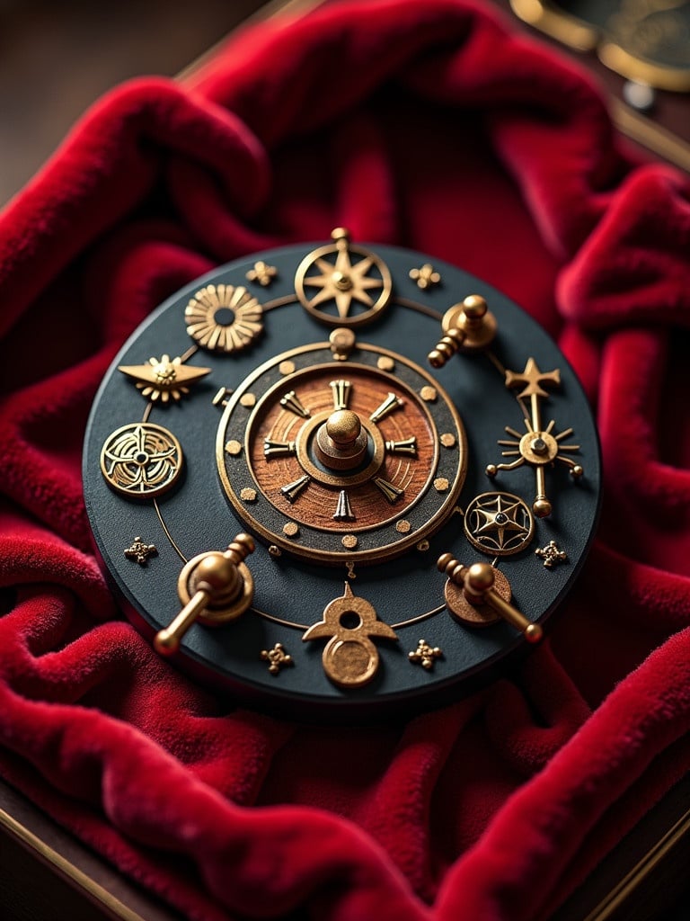 Intricately crafted mechanical puzzle. Adorned with mystical symbols. Features gear mechanism and levers. Has ornate cocobolo wood dial face. Round matte black body. Resting atop red velvet. Illuminated by warm golden glow. Set against rich velvety backdrop. Reminiscent of mystical ancient tome. Captured from a top view angle.