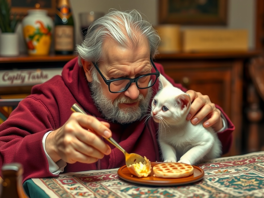 The image captures a heartwarming scene featuring an elderly man sharing breakfast with a curious white kitten. The man, wearing glasses and a maroon hoodie, gently holds the kitten while offering it some food from his plate. The cozy, softly lit kitchen creates an atmosphere of warmth and companionship.