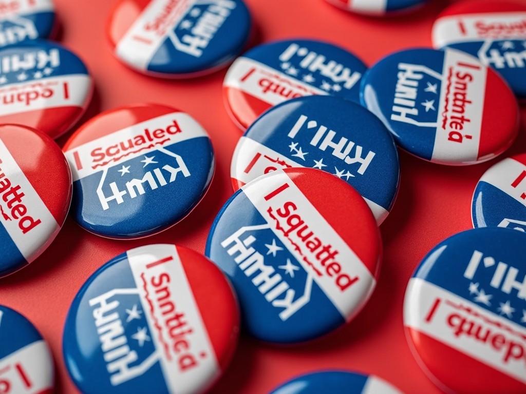 The image showcases a collection of buttons that say 'I Squatted.' The buttons are arranged in a scattered manner over a red background. Each button features a bold design with a red, white, and blue color palette, symbolizing patriotism and civic engagement. The words 'I Squatted' are prominently displayed, appealing to fitness enthusiasts and those motivated by civic participation. The overall composition highlights the vibrancy and energy associated with community activities and fitness challenges.