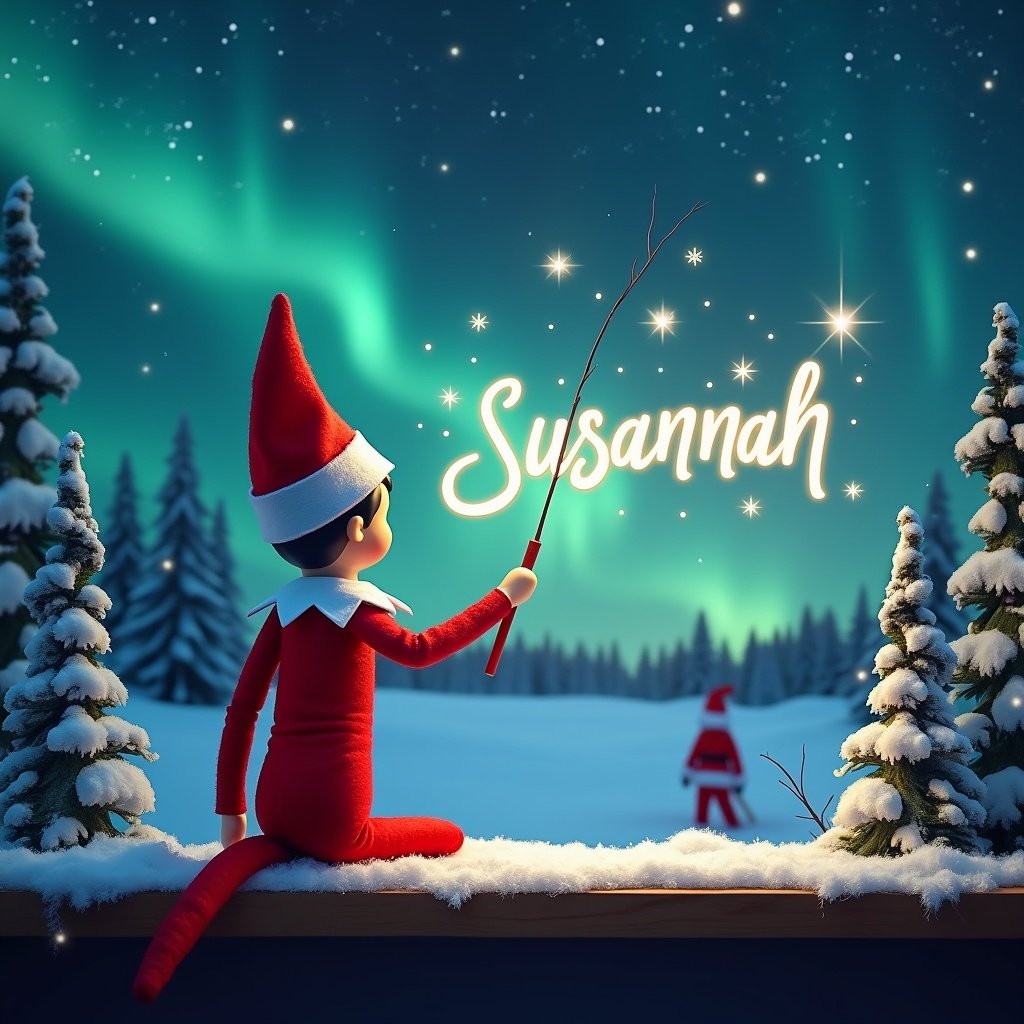 Image depicts an elf on the shelf with back to viewer. Elf wears red outfit and uses wand to write 'Susannah' among stars. Magical winter night sky with northern lights. Snow-covered trees surround scene. Silhouette of Santa in distance. Christmas theme with joyful atmosphere.