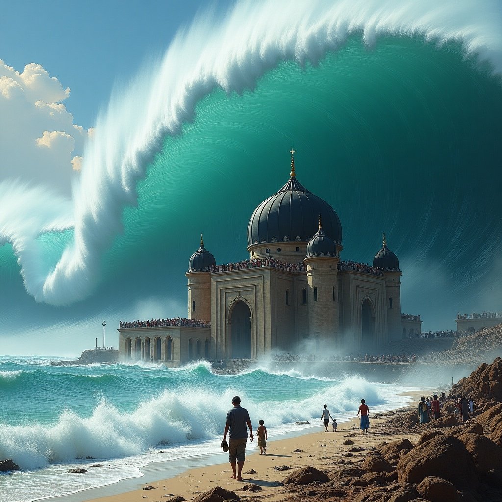 A realistic and detailed scene of a massive tsunami wave approaching the Masjid Baiturrahman in Banda Aceh. The wave towers high and crashes around buildings. Water splits left and right, leaving the mosque untouched. People seek refuge on the mosque's black domes, showing fear and awe. The surrounding area is filled with debris, showcasing the tsunami's catastrophic impact. The moment is captured vividly and lifelike with exceptional detail.