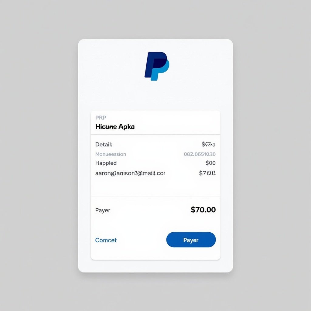 PayPal payment receipt for a $70 transaction. Displays PayPal logo and transaction details clearly. Suitable for online payments.