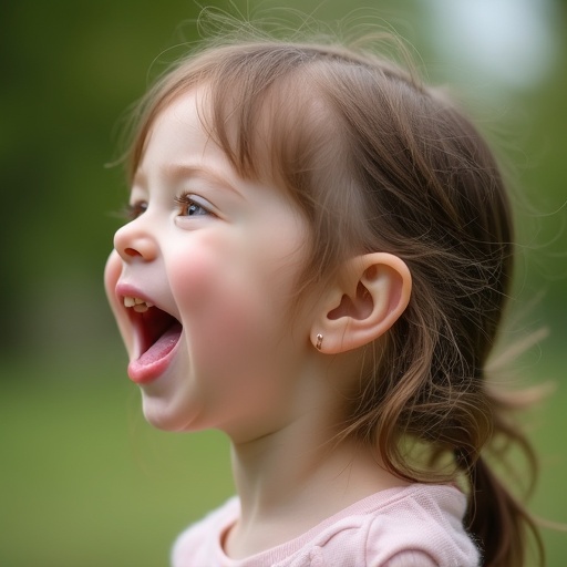 Profile image of a little girl. She has a wide open mouth and her tongue is out. Expression is playful and joyful. Background is green and natural. Soft color palette.