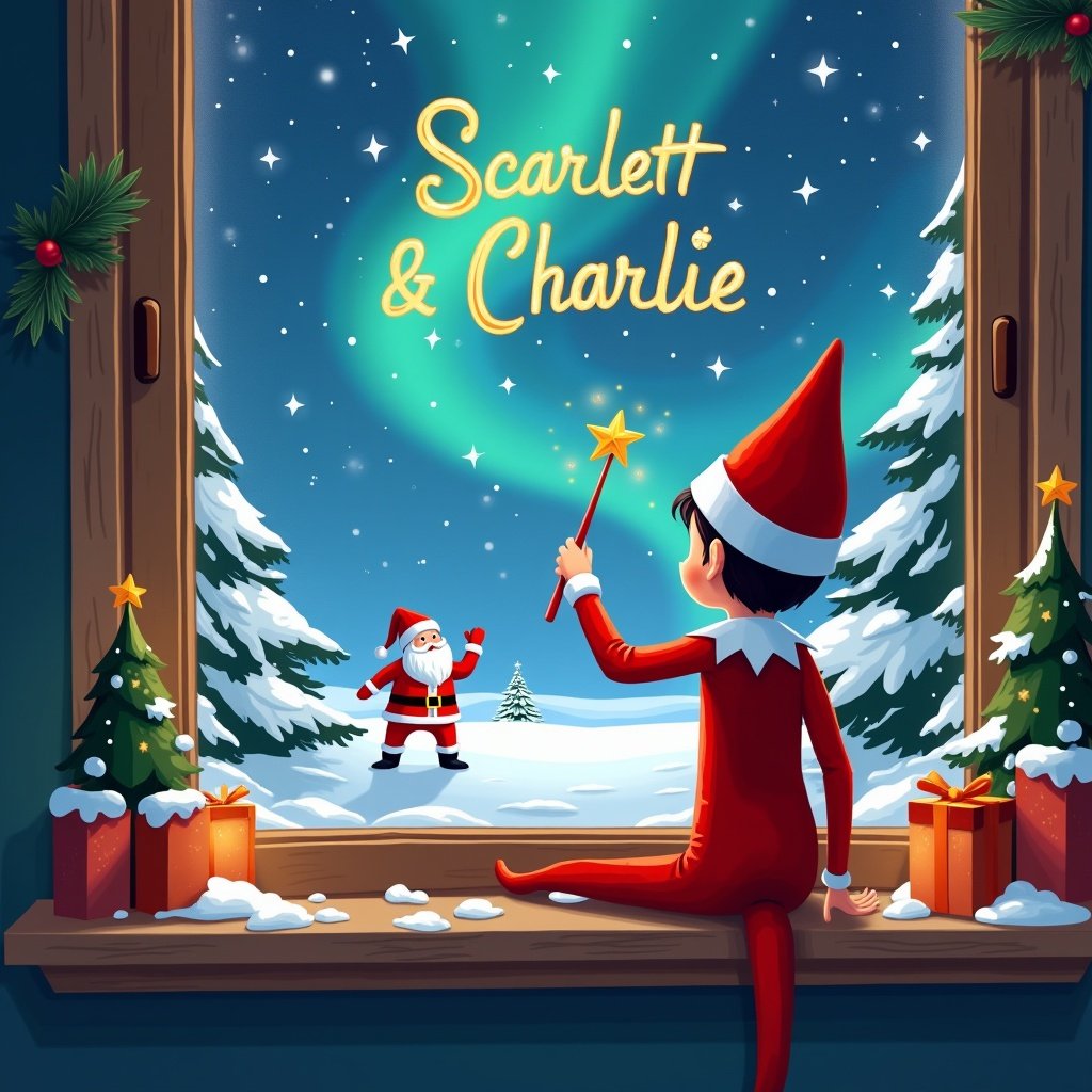 Elf on the shelf sitting by a window. Using a wand to write names in the sky. Magical winter landscape with northern lights. Santa waving cheerfully. Cozy decorations enhancing Christmas spirit.