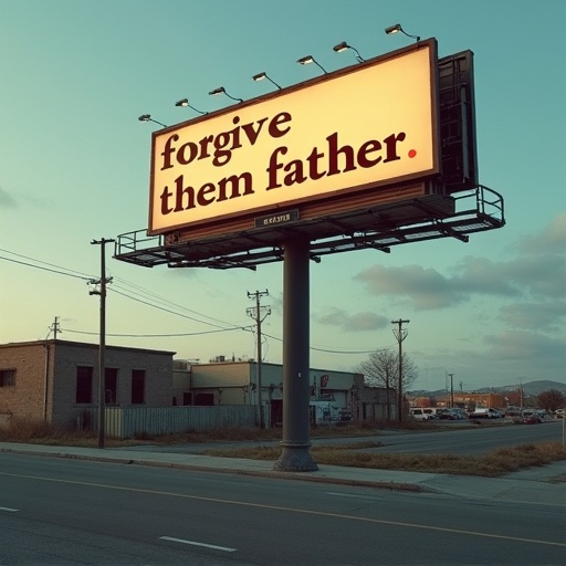 Cinematic billboard displays the phrase forgive them father. The setting is a street corner with an urban backdrop. The sky is blue with some clouds. The billboard is prominently featured.