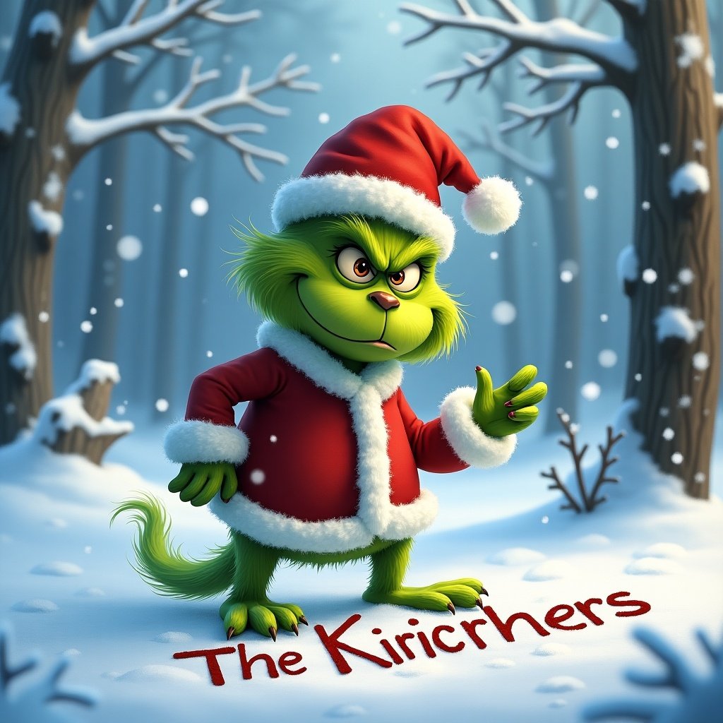 A whimsical Grinch character in a snowy setting. Grinch wears a Santa outfit while writing in the snow. Background features snowy trees and magical winter atmosphere.