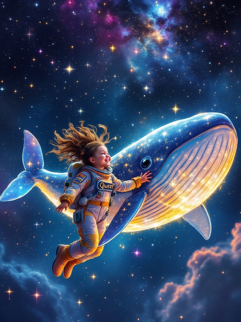 An enchanting scene of a joyful girl in a colorful astronaut suit floating in space. A gigantic ethereal whale swims alongside her. The backdrop features a deep starry sky and swirling cosmic dust. The girl is filled with wonder and excitement, reaching out to the whale. This scene captures childhood imagination and the beauty of the universe.