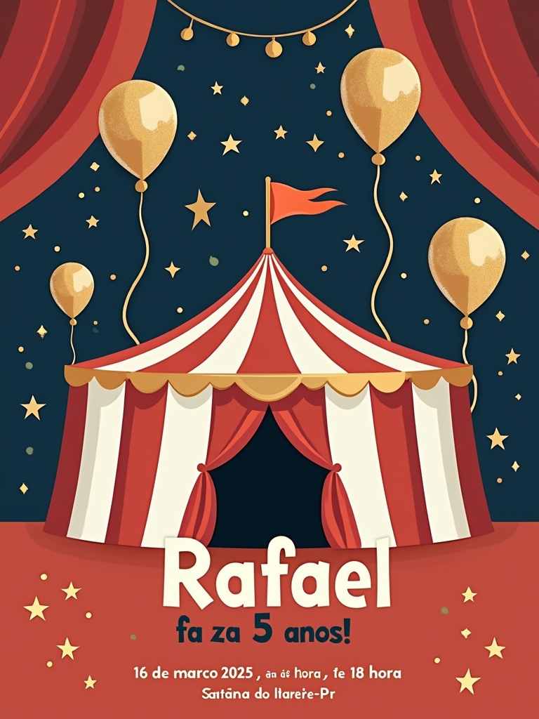 Modern chic illustration for children's birthday invitation. Minimalist design with geometric style. Circus theme with red gold navy color palette. Large stylish font for name 'Rafael'. 5th birthday details included. Clean and sophisticated layout with golden balloon accents. High resolution vertical format.