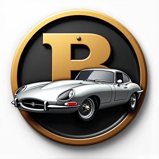 A logo design featuring a silver Jaguar E-Type. Positioned on a medal with a gradient from black to gold. The letter B appears prominently behind the car. Next to it, mirrored B in the same size. A sporty and dynamic depiction of the vehicle is featured.