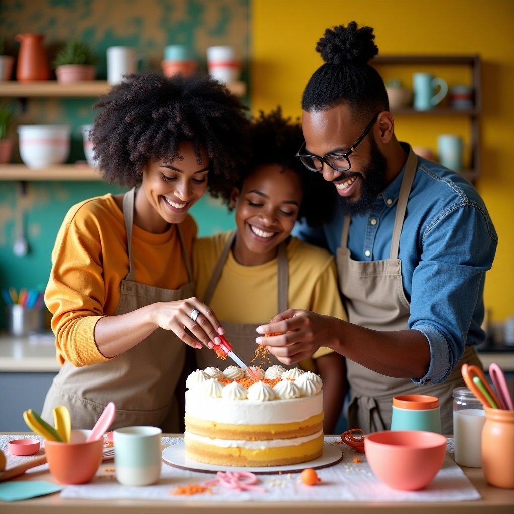 Three individuals are gathered in a cozy kitchen, joyfully decorating a beautiful layer cake. There are two Black women and one Black man, all wearing aprons. They are using colorful decorations to enhance the cake on a wooden table. The kitchen features a vibrant yellow background with shelves filled with baking supplies and pots. The atmosphere is cheerful and collaborative as they carefully place decorative elements on the cake. The focus is on creativity and the joy of baking together, embodying a sense of friendship and community.