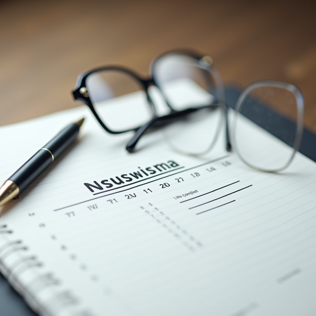 A close-up of a pair of glasses resting on an open notebook beside a pen.