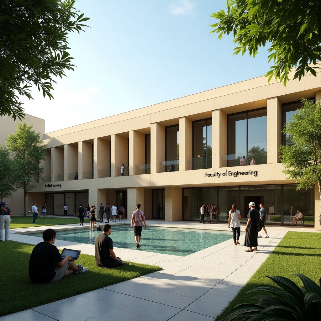 Modern university campus with a focus on the Faculty of Engineering. Students are engaging around a pool area, enjoying the landscaped surroundings. Building design features a contemporary facade and ample outdoor space for learning.