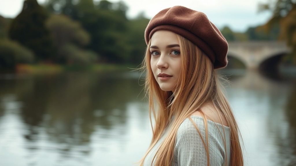 A woman in a brown beret gazes calmly by a serene riverside setting.