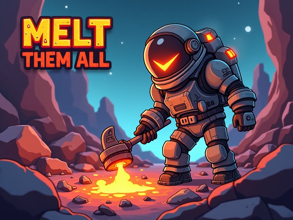 An astronaut in a futuristic space suit melting rocks with a high-tech tool in a rocky alien landscape under a starry sky, accompanied by the phrase 'Melt Them All'.