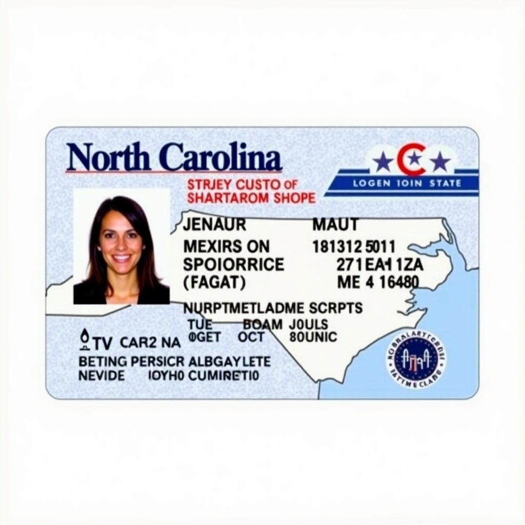 North Carolina license card displays personal information. Card includes age and date of birth. Background features North Carolina map. Standard colors used are blue, white, and red. Designed for identity verification and reflects professional government standards.