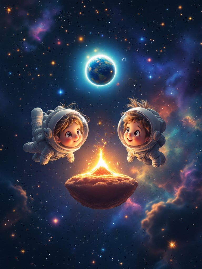 Enchanting scene captures joy and wonder of childhood imagination. Two children in astronaut suits float in space. They have excitement visible in their eyes. A tiny whimsical planet with a volcano appears nearby. The backdrop features a dazzling expanse of stars and colorful nebulae. The atmosphere feels magical and dreamlike. The children express delight and curiosity on their cosmic adventure.